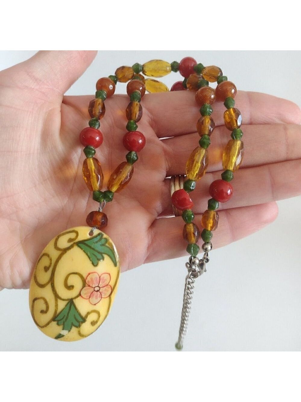 Vintage Heavy Plastic Beaded Necklace W/ Bone? Oval Handpainted Pendant Boho